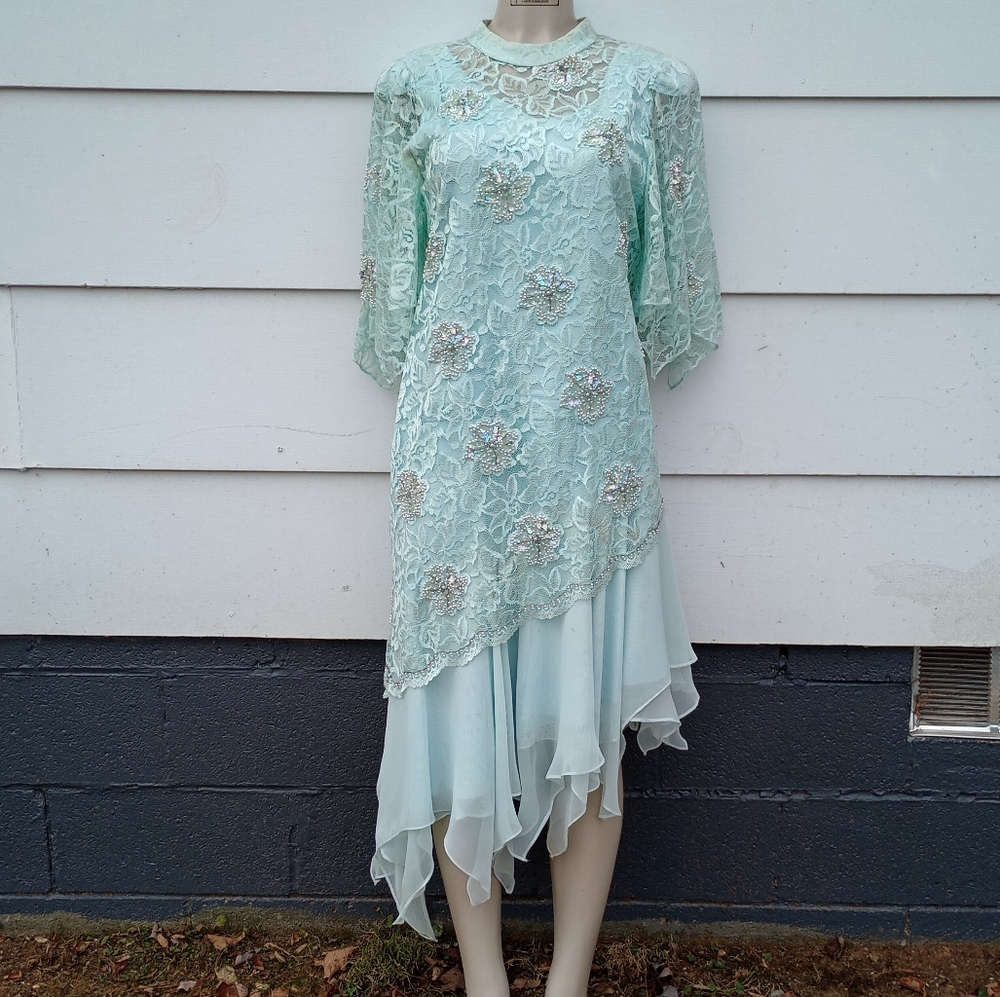 Vintage Lace and Pearls Asymmetrical Seafoam Dress